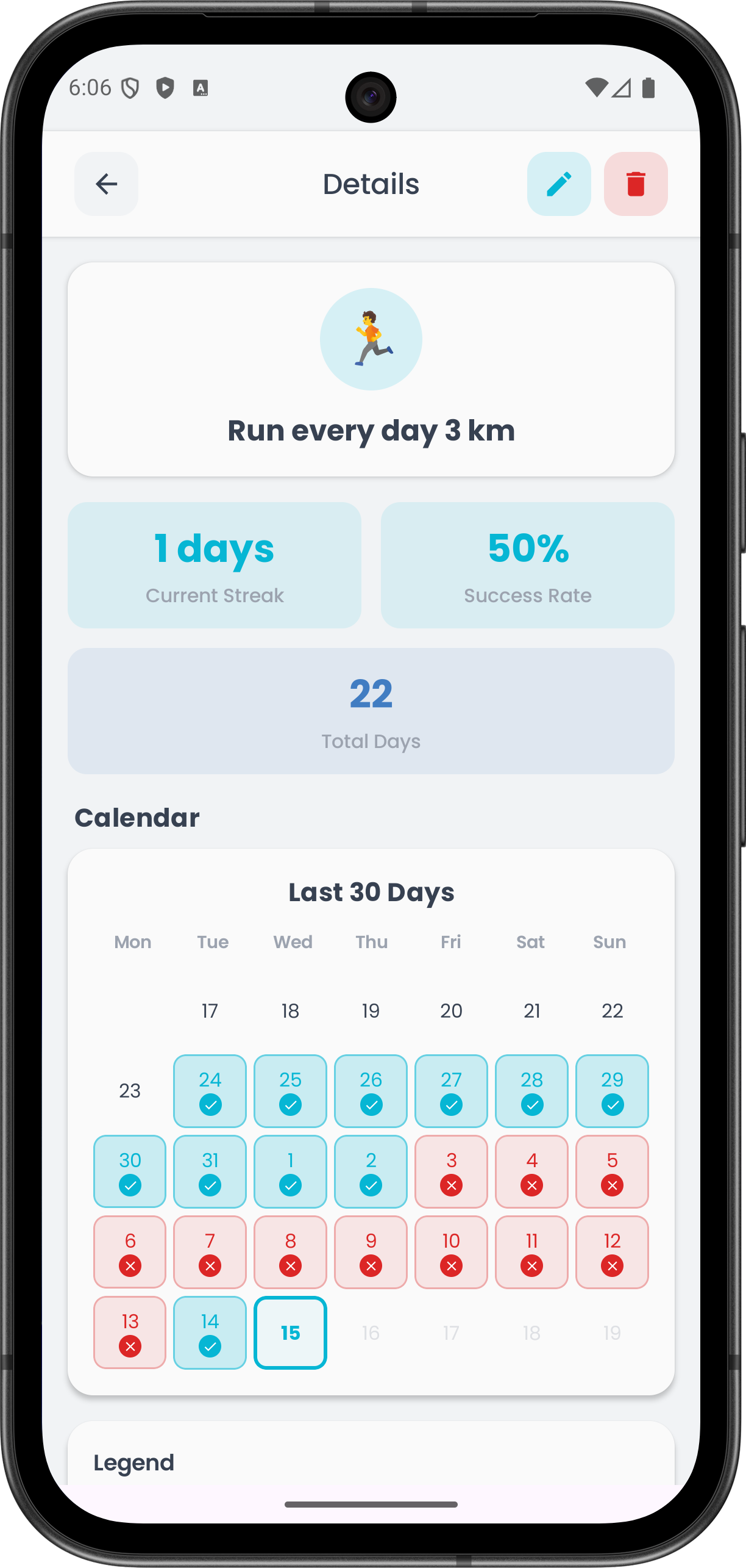 Clarity app — habit detail view with streak counter, success rate, and calendar