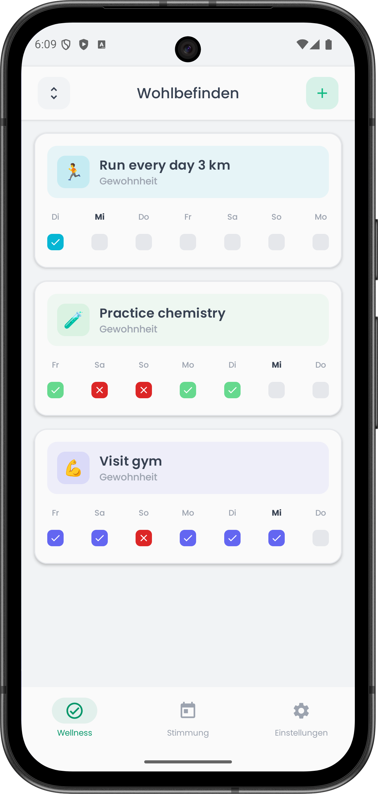 Clarity App — täglicher Gewohnheitstracker mit Wochenfortschritt und Serientracking