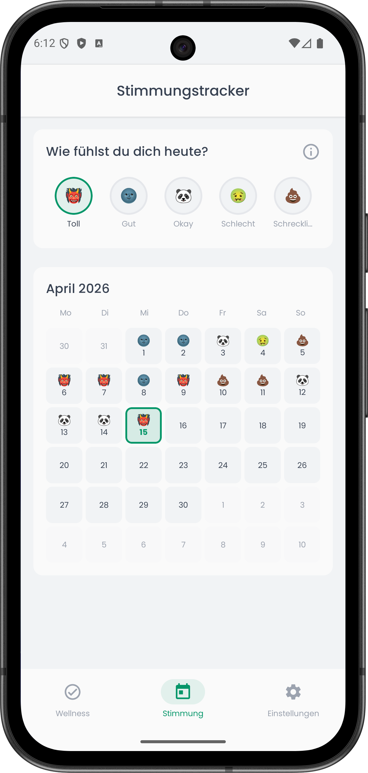 Clarity App — Stimmungstracker mit Emoji-Kalender und täglicher Stimmungsprotokollierung