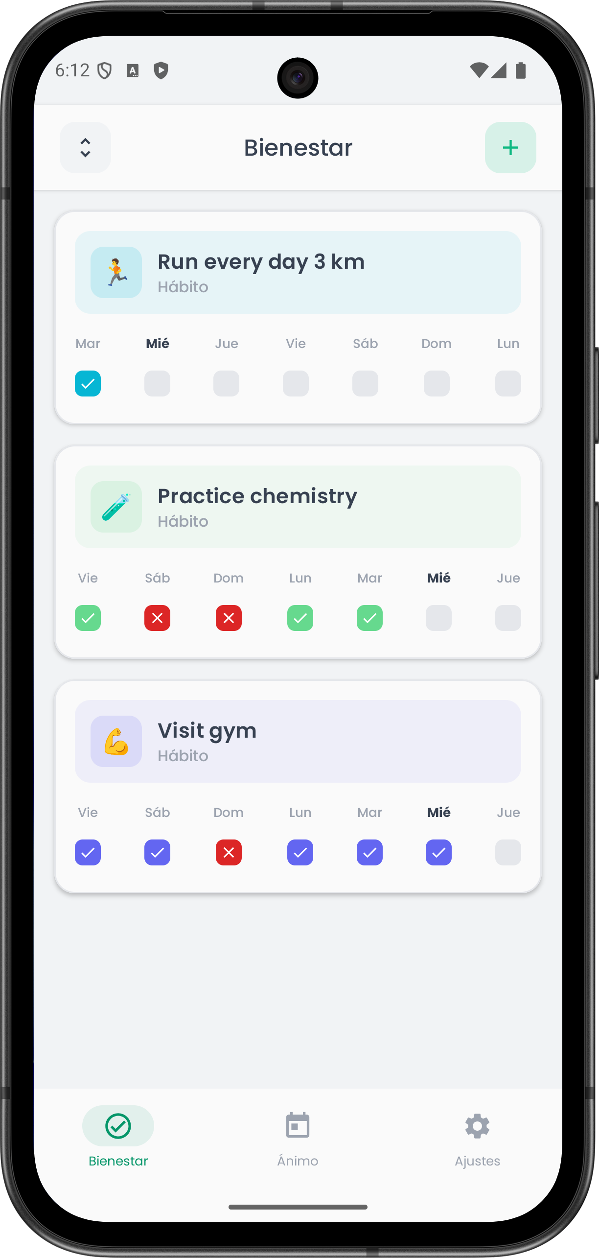 App Clarity — rastreador de hábitos diarios con progreso semanal y seguimiento de rachas