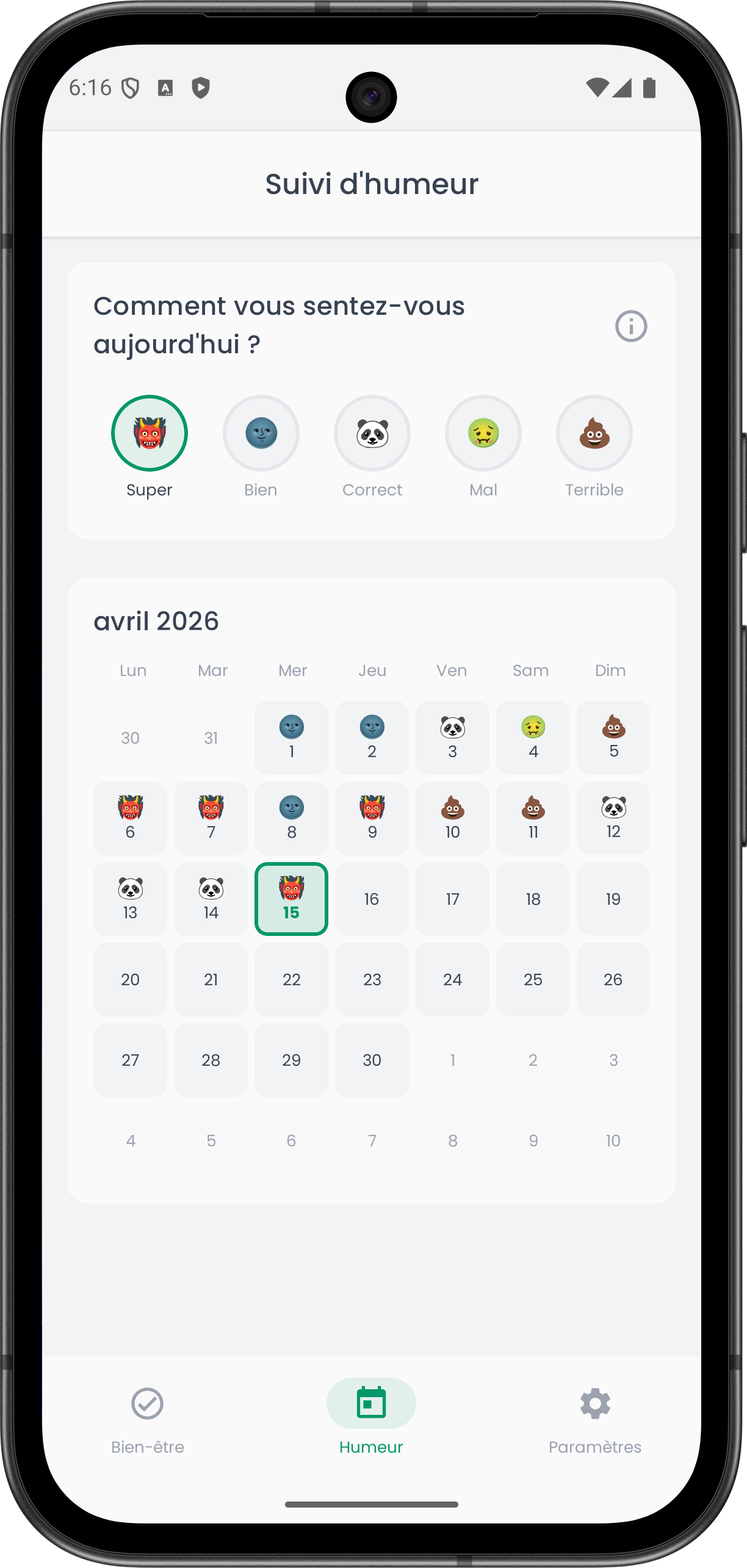 App Clarity — suivi d'humeur avec calendrier emoji et notation quotidienne