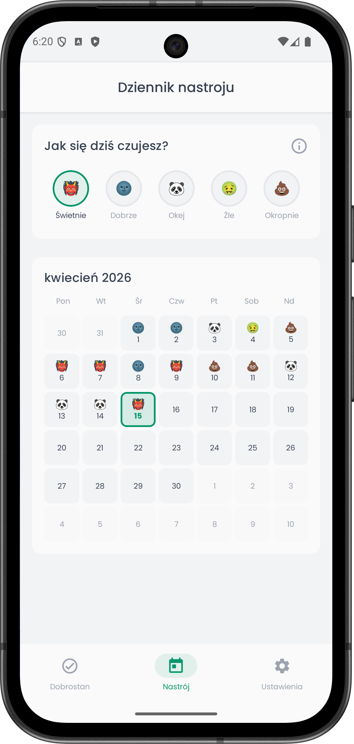 Aplikacja Clarity — tracker nastroju z kalendarzem emoji i codziennym zapisywaniem nastroju