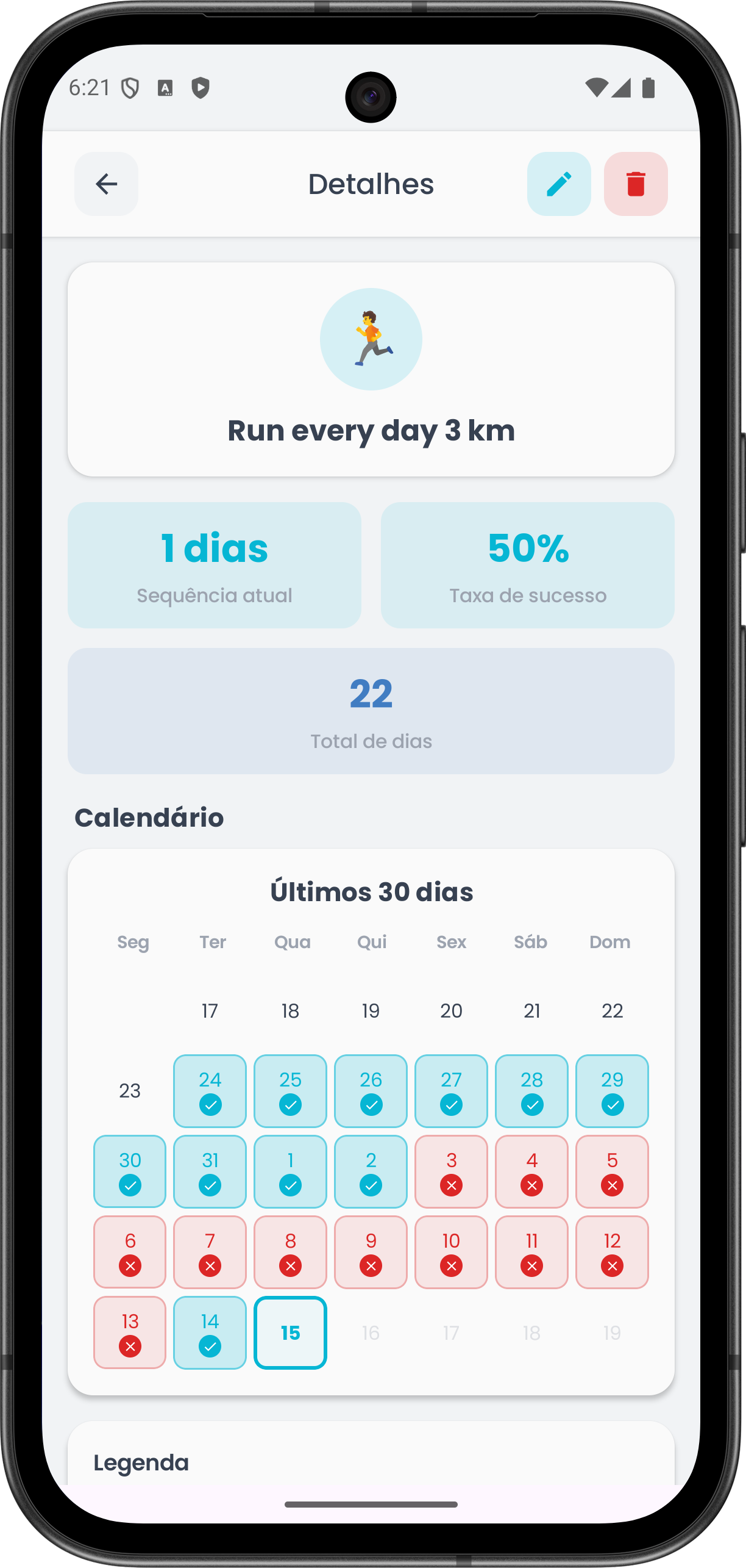 App Clarity — detalhe do hábito com contador de sequências, taxa de sucesso e calendário