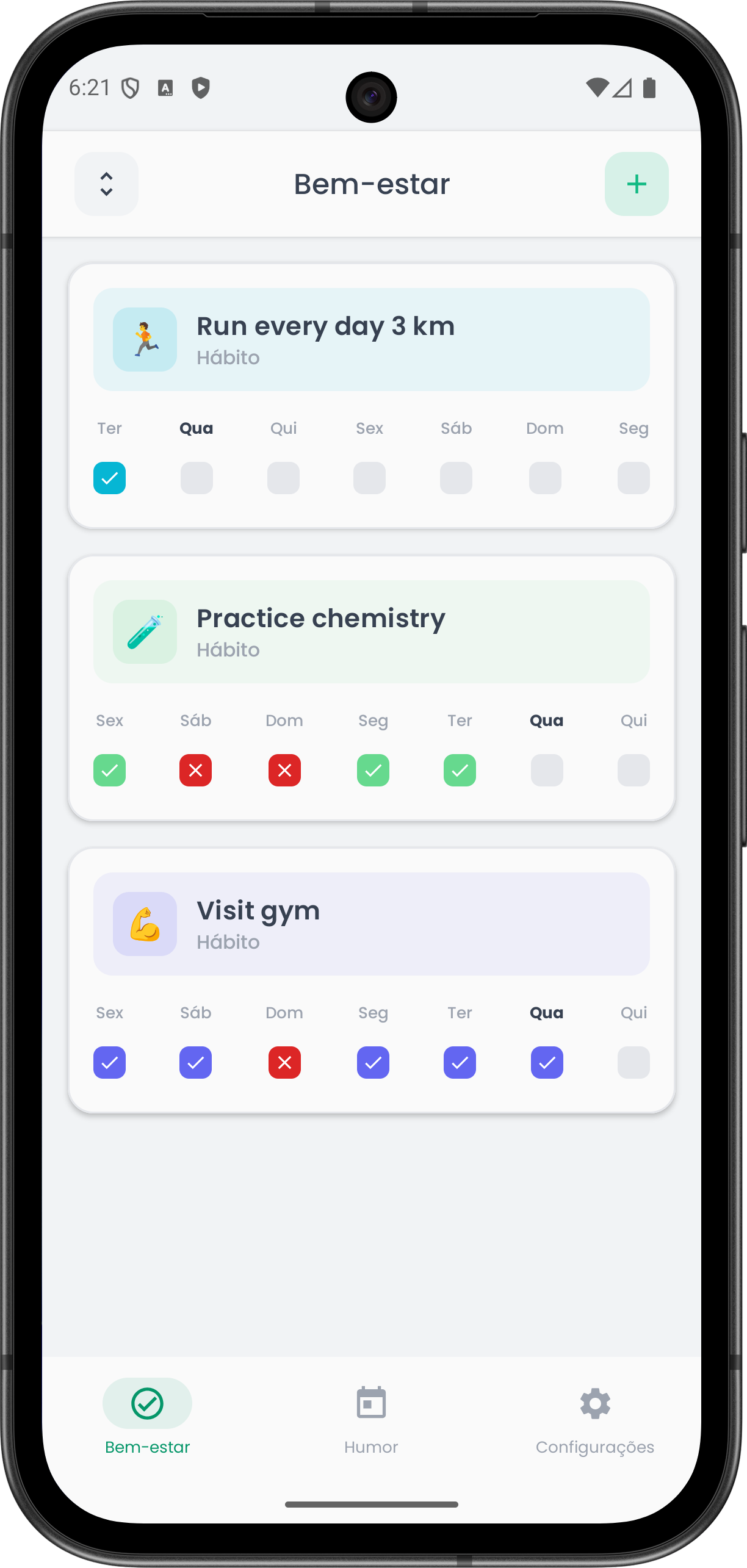 App Clarity — rastreador diário de hábitos com progresso semanal e acompanhamento de sequências